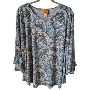 Ruby Rd. Woman Blouse Size 2X Gray Blue White Paisley Liquid Knit‎ Workwear